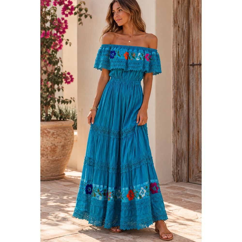 Vintage 1970s Boho Off Shoulder Floral Embroidered Maxi Dress Blue Peasant Gown